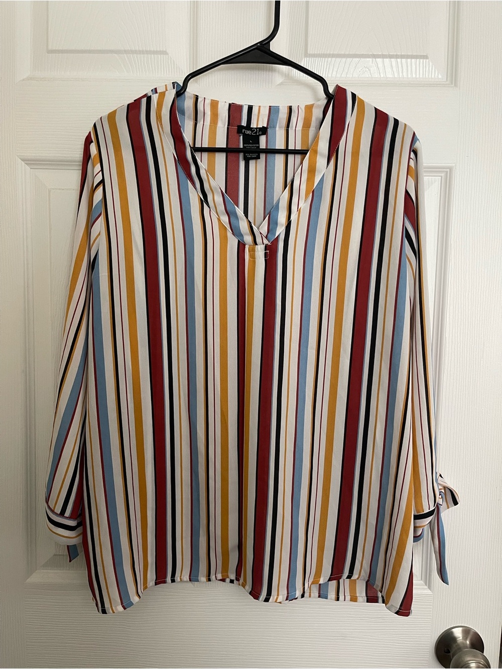 Rue21 Multi-Stripe V-Neck Long Sleeve Top - White, Mustard & Red